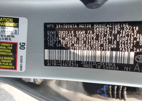 2018 Toyota Corolla Le z USA, uszkodzony, nr VIN 2T1BURHE9JC067155